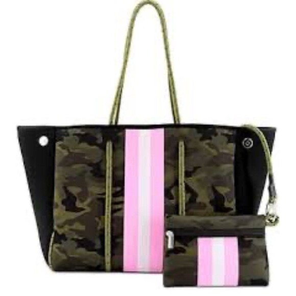 Neoprene Fashion Stripe Pink Stripe Camo Side Snap Tote W/Matching Pouch - Picture 1 of 7